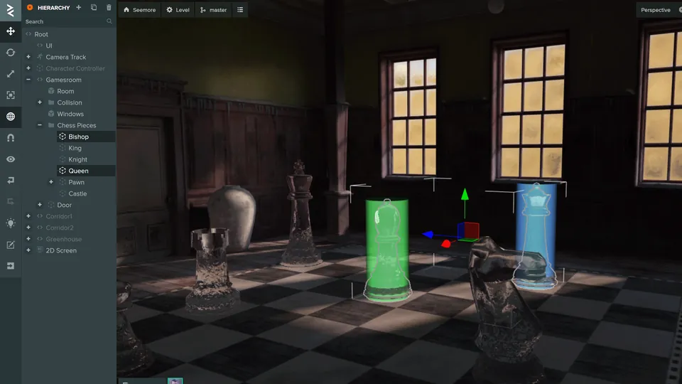 ビューポートにチェスのシーンを開いたPlayCanvas Editor